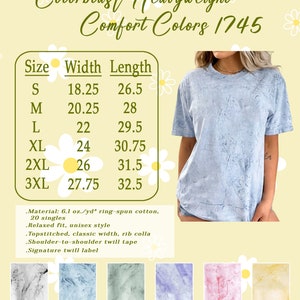 May include: A size chart for a heavyweight t-shirt with a relaxed fit. The chart shows the width and length measurements in inches for sizes S through 3XL. The t-shirt is made of 6.1 oz/yd ring-spun cotton and features a topstitched, classic width, rib collar, shoulder-to-shoulder twill tape, and a signature twill label. The colors available are Smoke, Ocean, Fern, Amethyst, Clay, and Citrine.