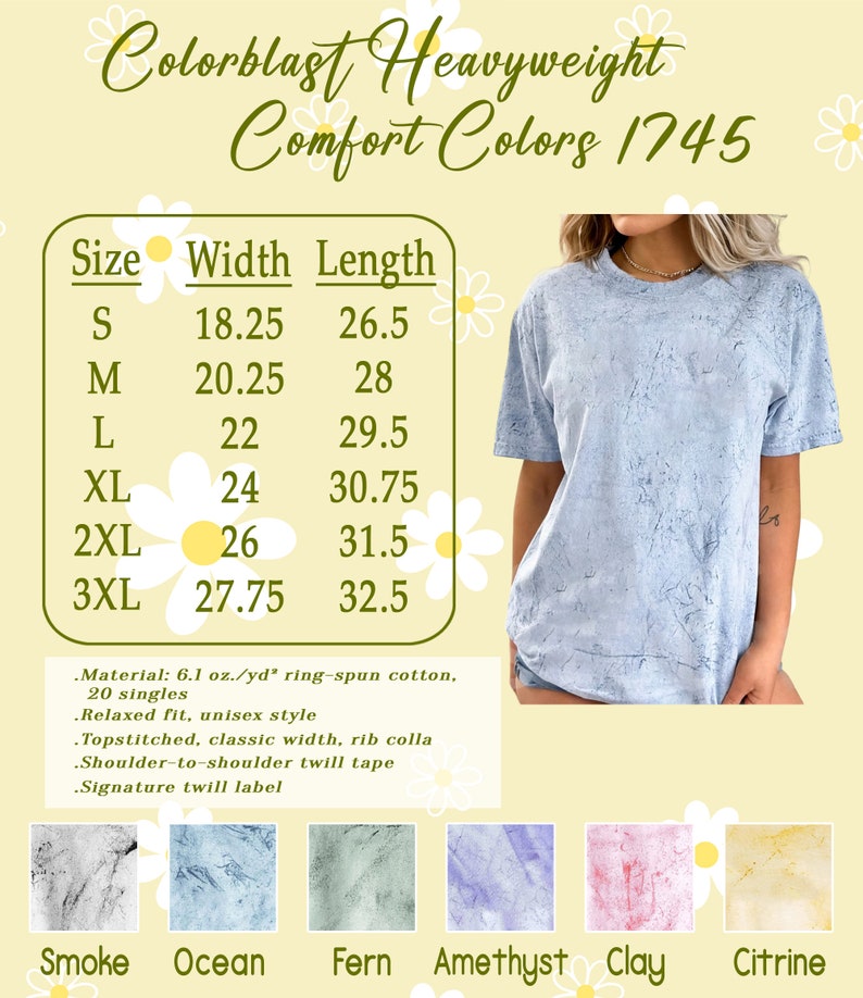 May include: A size chart for a heavyweight t-shirt with a relaxed fit. The chart shows the width and length measurements in inches for sizes S through 3XL. The t-shirt is made of 6.1 oz/yd ring-spun cotton and features a topstitched, classic width, rib collar, shoulder-to-shoulder twill tape, and a signature twill label. The colors available are Smoke, Ocean, Fern, Amethyst, Clay, and Citrine.
