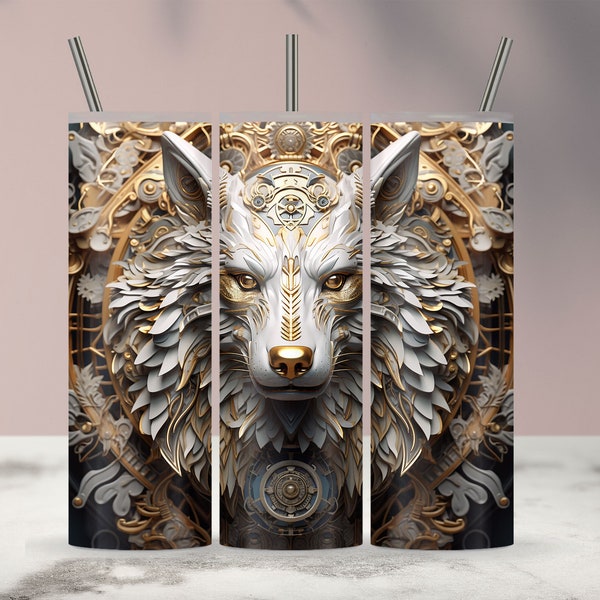 3D Metal Wolf Foil Sublimation Tumbler Design Download PNG, 20 Oz Digital Tumbler Wrap PNG Download