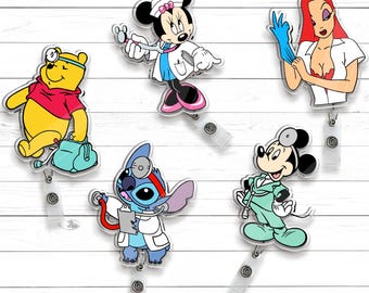 Custom Disney Nurse Mickey Minnie Stitch Pooh Badge Reel, Personalized Badge, Retractable ID Badge Holder, Gift For Nurse, Disneyland Trip