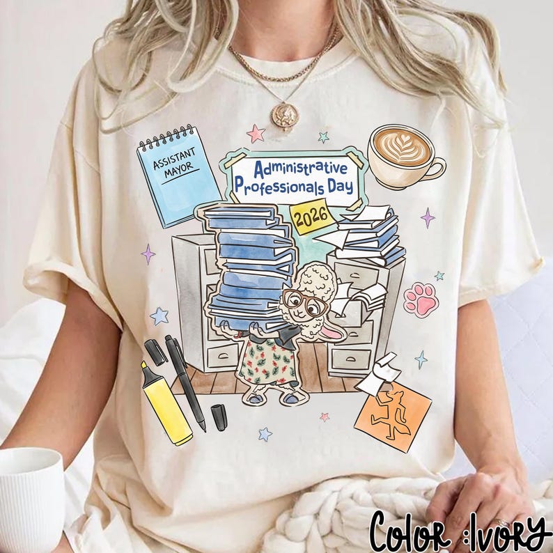Puede incluir: Camiseta de color marfil con una ilustraci&oacute;n colorida para el D&iacute;a de los Profesionales Administrativos 2026. El dise&ntilde;o incluye un conejo de dibujos animados, libros, una taza de caf&eacute; y material de oficina. La camiseta tambi&eacute;n tiene el texto "Assistant Mayor".