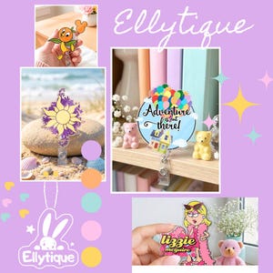 May include: A collection of acrylic badge reels featuring various character designs including an orange bird, a yellow sun emblem, a house with colorful balloons and the text Adventure is out there, and a blonde character with the text lizzie mcguire.