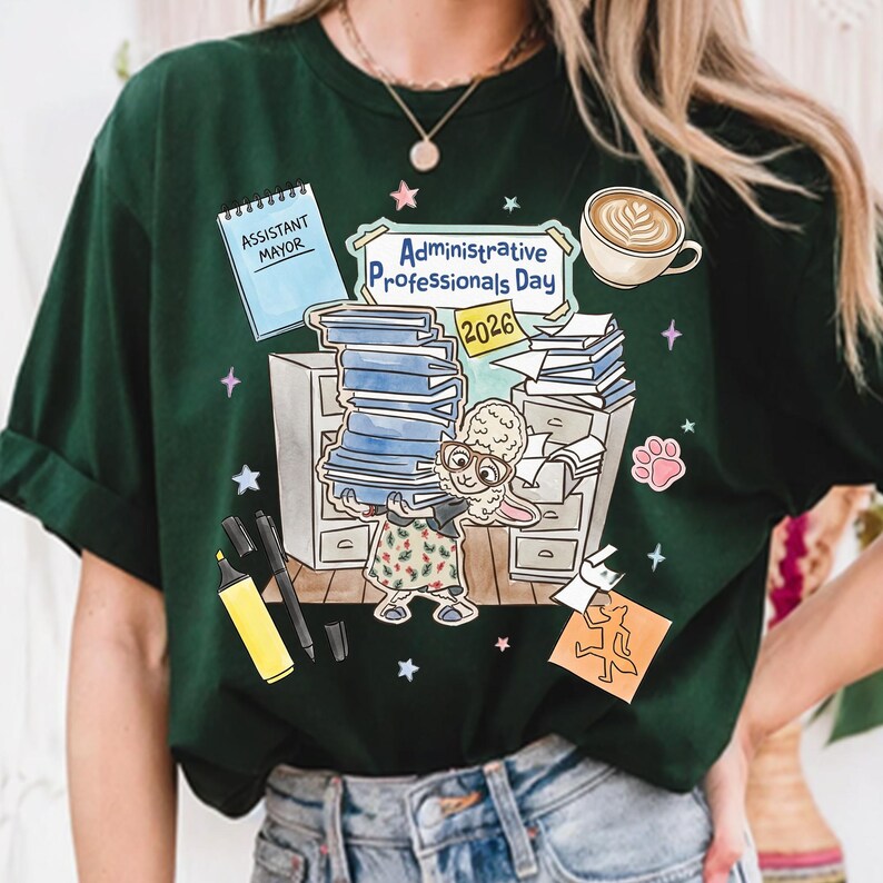 Puede incluir: Camiseta verde oscuro con una ilustraci&oacute;n caprichosa que celebra el D&iacute;a de los Profesionales Administrativos 2026. El dise&ntilde;o presenta una oveja de dibujos animados que lleva libros, una taza de caf&eacute; y material de oficina. El texto incluye "Assistant Mayor".