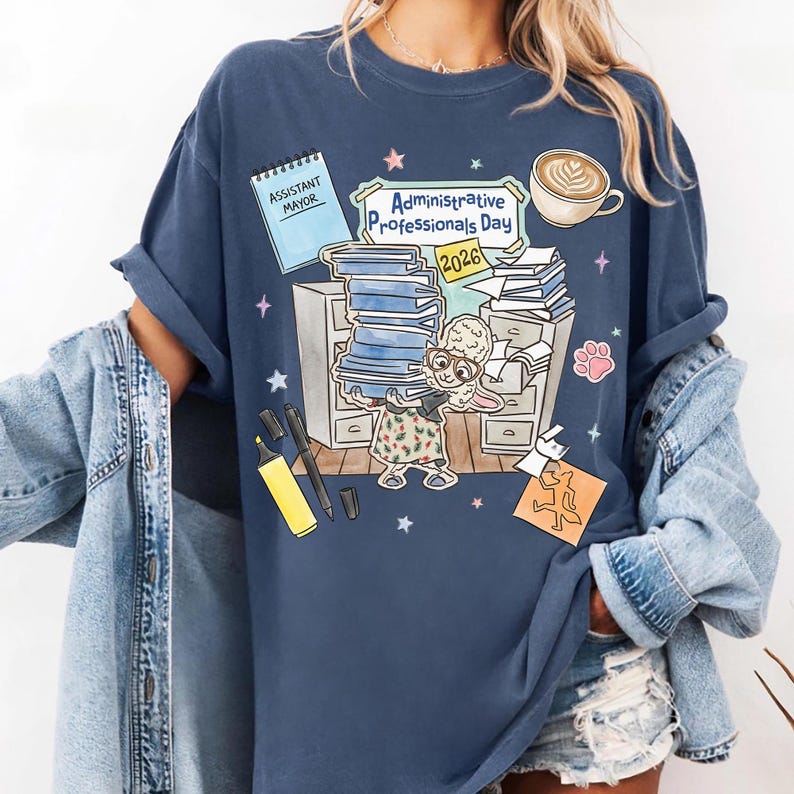 Puede incluir: Camiseta azul marino con un dise&ntilde;o de dibujos animados para el D&iacute;a de los Profesionales Administrativos 2026. El dise&ntilde;o incluye un conejo, papeleo, una taza de caf&eacute; y las palabras "Assistant Mayor".