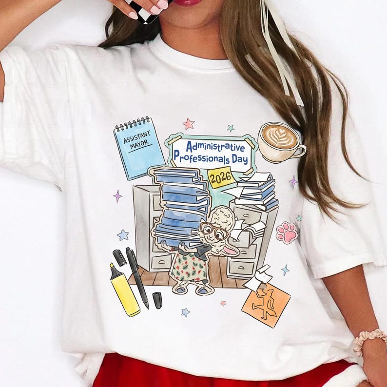 Puede incluir: Camiseta blanca con una colorida ilustraci&oacute;n para el D&iacute;a de los Profesionales Administrativos 2026. El dise&ntilde;o incluye una pila de libros, un personaje de conejo, caf&eacute; y el texto "Assistant Mayor".