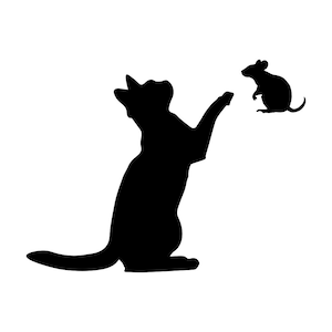 Puede incluir: Una silueta negra de un gato que levanta su pata hacia una silueta negra de un ratón.