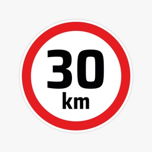 Op de afbeelding: Een ronde sticker met een witte achtergrond en een rode rand. Het getal "30" staat in vette zwarte letters, met "km" eronder, wat een snelheidslimiet van 30 kilometer aangeeft.