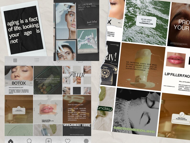 May include: A collage of images with text related to skincare and cosmetic procedures. The images include text that says "aging is a fact of life. looking your age is not", "Botox", "Lip Filler FAQ", and "Microneedling". Other images show procedures and products.