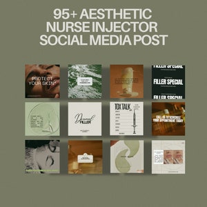 May include: A grid of aesthetic social media posts for a nurse injector. The posts feature text like "Protect Your Skin," "Dermal Filler," and "Tox Talk." The color palette includes green, brown, and white, with images of skincare and cosmetic procedures.