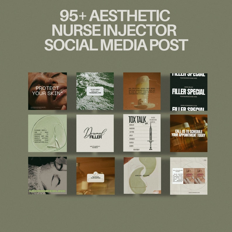 May include: A grid of aesthetic social media posts for a nurse injector. The posts feature text like "Protect Your Skin," "Dermal Filler," and "Tox Talk." The color palette includes green, brown, and white, with images of skincare and cosmetic procedures.