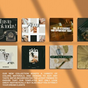 May include: A collection of square social media templates with a warm orange background. The templates feature text like "Filler", "Skin Care", and "Self Care Sunday". Other templates show a vintage telephone, before and after photos, and skincare products.