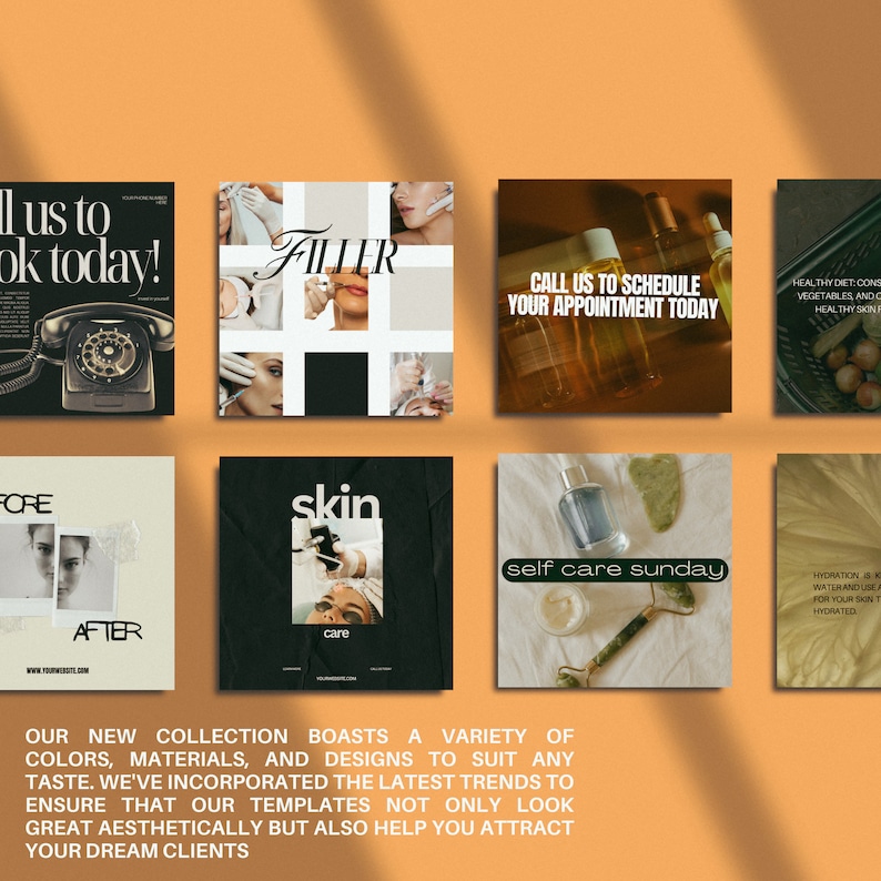 May include: A collection of square social media templates with a warm orange background. The templates feature text like "Filler", "Skin Care", and "Self Care Sunday". Other templates show a vintage telephone, before and after photos, and skincare products.
