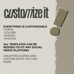 May include: A graphic design with the text "customize it" in dark green. The text highlights customizable options: fonts, colors, shapes, and photos. It also mentions resizing templates for social media and unlimited edits.