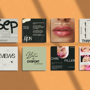 May include: A collection of square social media posts on an orange background. The posts include text about Botox, fillers, and client reviews. One post displays a calendar for September. Other posts offer tips on minimizing bruising and swelling.