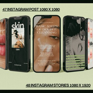 May include: A mockup of several smartphones displaying skincare-related content. The phones showcase images and text about skin care routines, including double cleansing and microneedling. The text includes "skin care", "Gentle & Golden Co.", and "lipfiller".