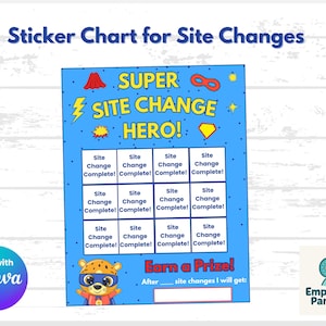 May include: A blue sticker chart with the text "Sticker Chart for Site Changes" at the top. The chart features a superhero theme with the words "SUPER SITE CHANGE HERO!" and spaces to mark site changes. Includes the text "Earn a Prize!"