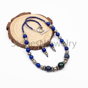 Lapis Lazuli Designer Beaded Necklace, Lapis Gemstone Jewelry for Birthday, Unique Anniversary Gift, Handmade Blue Statement Necklace, 18&quot;