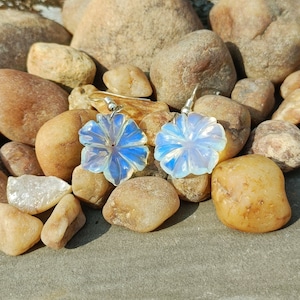 Natural Opalite Flower Shape Carving Earring, Opalite Gemstone Earring, Opalite Smooth Flower Shape, Drop Earring Gift For Her, Anniversary
