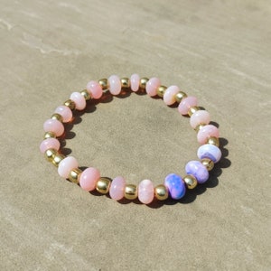 Pink Candy Opal Beaded Bracelet, Pink Opal Gemstone Stretch Bracelet,8-9mm Approx, Purple Opal With Metal Ball Bracelet, Opal Jewelry Gift