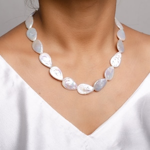 White Freshwater Pearl Teardrop , Natural Freshwater Pearl Beaded Necklace, Pearl Necklace for Women, Pearl Gemstone Birthday Gift for Her