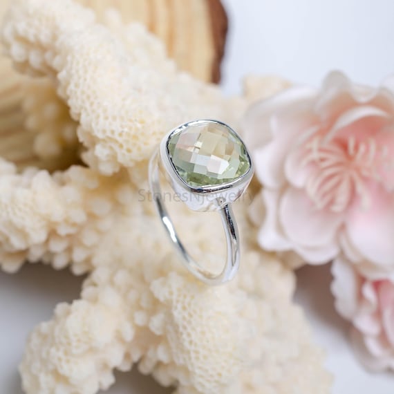 AAA Green Amethyst Square 925 Sterling Silver Ring for Women