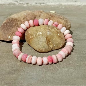 Pink Opal Beaded Bracelet, Shaded Pink Opal Gemstone Stretch Bracelet, 8-9mm, Pink Opal Smooth Rondelle Beads Bracelet Opal Jewelry Gift