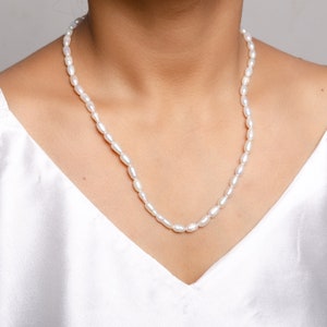 Genuine Rice Pearl Beaded Necklace, Natural Freshwater Pearl Beaded Necklace, Pearl Necklace for Women, Pearl Gemstone Birthday Gift for Her