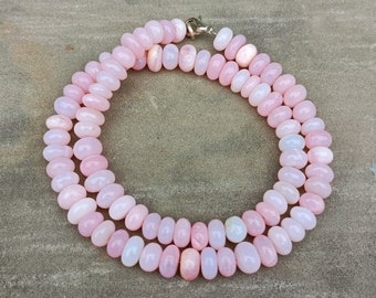 Pink Opal Beaded Necklace, 8mm Pink Opal Smooth Rondelle Beads Necklace, Opal Gemstone Necklace, Women&#39;s Handmade Necklace, Opal Beaded Gift