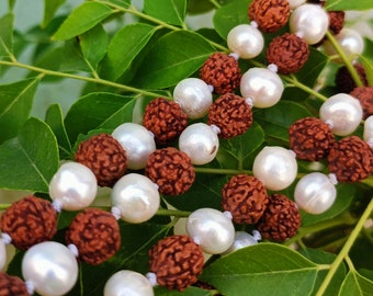 109 Rudraksha Mala-Prayer beads, Rudraksha with Freshwater Pearl Guru Baad Mala, Rudraksh Japa Mala Rosary 109 Bead,Rudraksh And Pearl Round