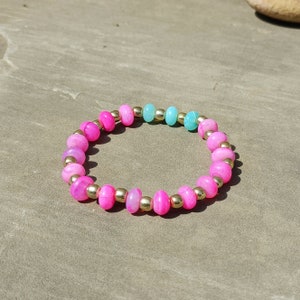 Pink Opal Beaded Bracelet, candy Pink Opal Gemstone Stretch Bracelet, 8mm Approx Blue Opal With Metal Ball Bracelet, Opal Jewelry, Gift Sale