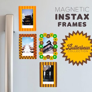May include: Magnetic Instax frames in various designs, including orange and yellow striped, checkered, and floral patterns. The frames hold Instax photos and are displayed on a refrigerator. The text "Magnetic Instax Frames" is visible.