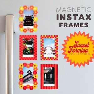 May include: Magnetic Instax photo frames in various designs. The frames are red, yellow, and orange, with floral and geometric patterns. The frames are displayed on a refrigerator. The text "Sunset Formica Collection" is visible.