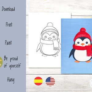 Paint and Sip Canvas for Kids, Penguin Birthday Painting Party Kit, Christmas Party Kit,  Family DIY Paint and Sip Kit, English and Spanish