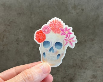 Pegatina de calavera acuarela con flores: Halloween Día de Muertos