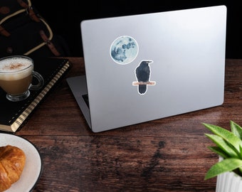 Watercolor Crow & Moon Sticker Set: Raven, Full Moon, Laptop Decal
