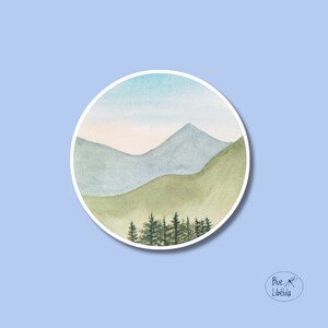 Op de natuur geïnspireerde aquarel landschap vinyl sticker, waterdicht gestanst papier en vinyl sticker, minimalistisch handgemaakt label, cadeau onder de 20