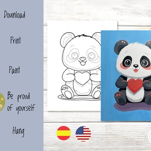Pre-Drawn Canvas for Painting, DIY Paint and Sip Kit Cute Panda, Paint and Sip Canvas for Kids Printable Template, English and Spanish