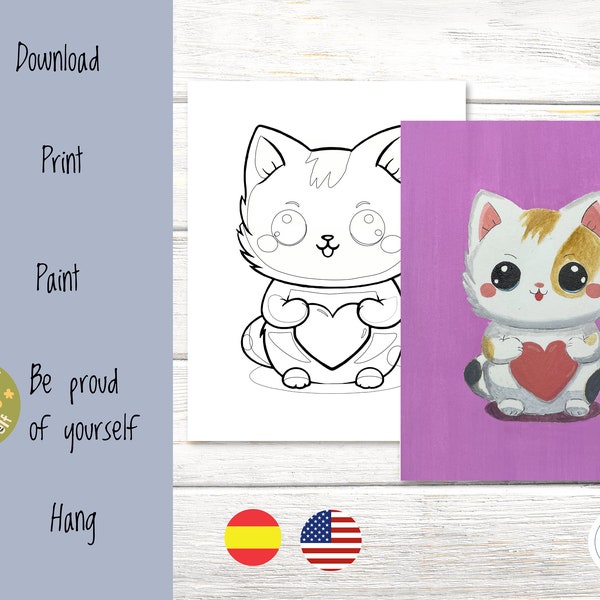 Paint and Sip Kit, Birthday Party Kit, Cute Kitten Valentine's Party Kit,  Family and Kids DIY Paint and Sip Stencil, English and Spanish