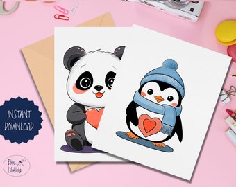 Kids' printable Valentine's Day card set, Cute Kawaii-style Penguin and Panda Printable Greeting Cards