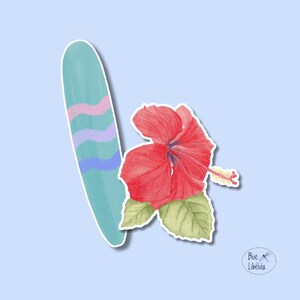 Rode hibiscus en surfplank autobumperstickerset, esthetische en kleurrijke stickers voor busje, waterfles, beker en laptop.