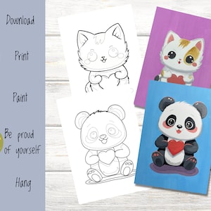 Paint and Sip Canvas for Kids, Birthday Party Kit, Cute Kitten and Panda Paint and Sip Party Kit, DIY Paint Party Template
