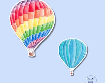 Set of Watercolor Blue and colorful Hot Air Balloon Stickers, Paper and Vinyl Decal for Laptop, Hydroflask, Car Bumper, Skateboard