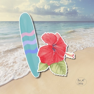 Surfplank en rode hibiscusbloem autobumperstickerset, esthetische en kleurrijke stickers voor busje, waterfles, beker, laptop.