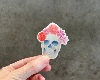Pegatina de calavera acuarela con flores: Halloween Día de Muertos