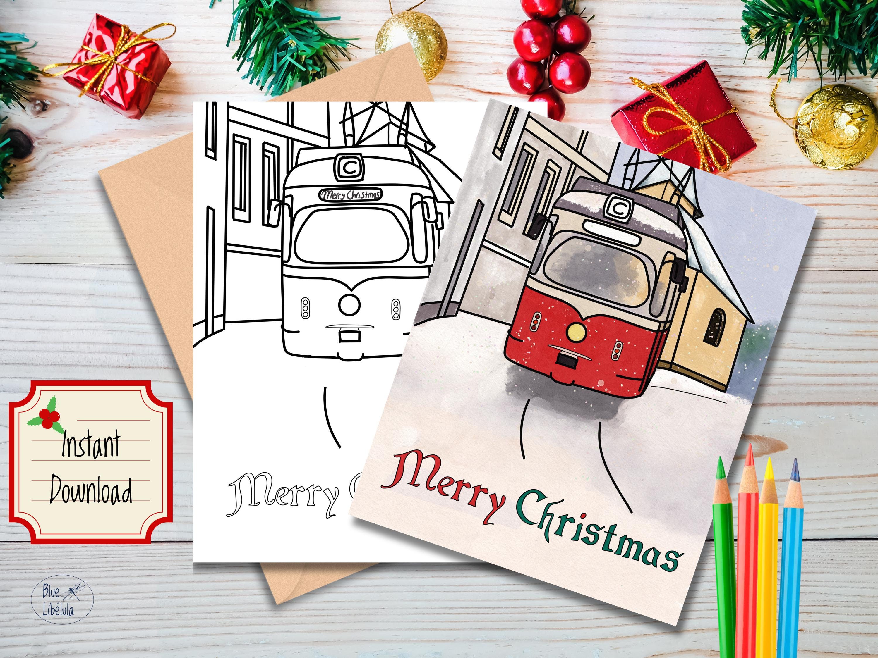 Printable Christmas Tram Card: 2-in-1 Greeting & Coloring (digital ...