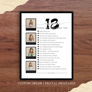 Puede incluir: Una impresión en blanco y negro enmarcada con el texto "18 THINGS WE LOVE ABOUT YOU" y una lista de cualidades. La impresión incluye cuatro pequeñas inserciones fotográficas de una persona joven. La parte inferior de la impresión dice "CUSTOM ORDER | DIGITAL PRINTABLE".