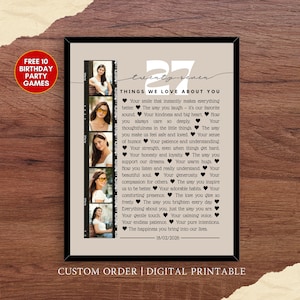 Op de afbeelding: Een ingelijste print met de tekst "twenty-seven" en "THINGS WE LOVE ABOUT YOU" met een lijst met kwaliteiten. De print bevat foto's van vrouwen en de tekst "CUSTOM ORDER | DIGITAL PRINTABLE".
