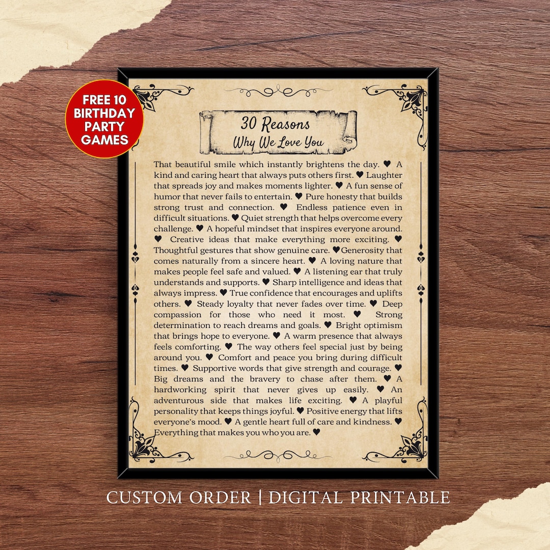 30 Reasons Why We Love You Poster, Printable 30th Birthday Gift for Him ...