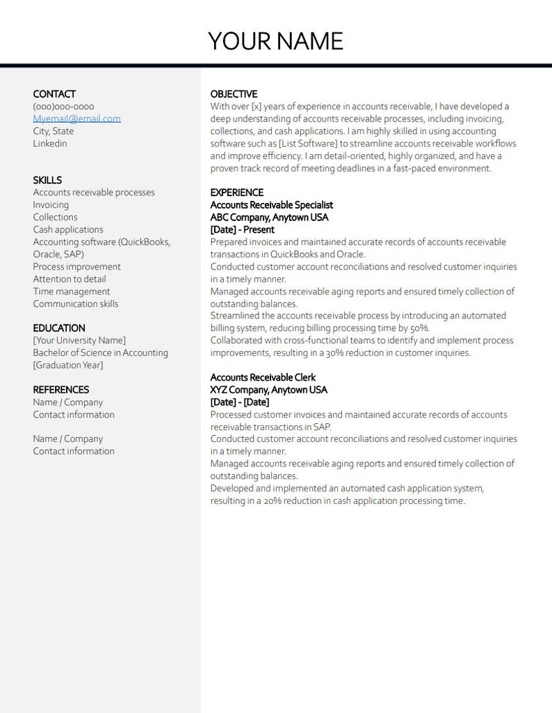 Accounts Receivable Resume Template Tips Bundle Ats friendly Digital
