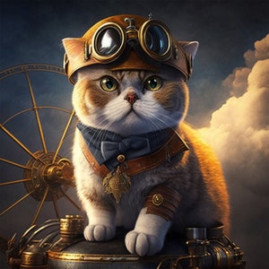 Könnte beinhalten: Eine braune und weiße Katze trägt einen braunen Leder-Fliegerhelm mit goldenen Schutzbrillen. Die Katze sitzt auf einer Plattform aus Metall im Steampunk-Stil.